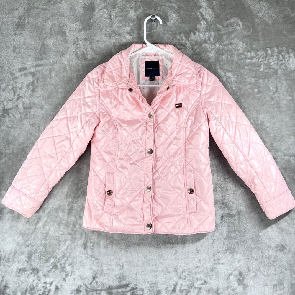 Tommy Hilfiger Girls Size 8/10 Pink Quilted Puff Jacket Snap Front Star Lining